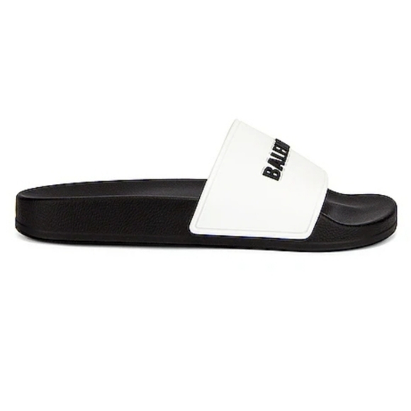 BALENCIAGA Logo Pool Slide Sandal White And Black - Picture 2 of 8